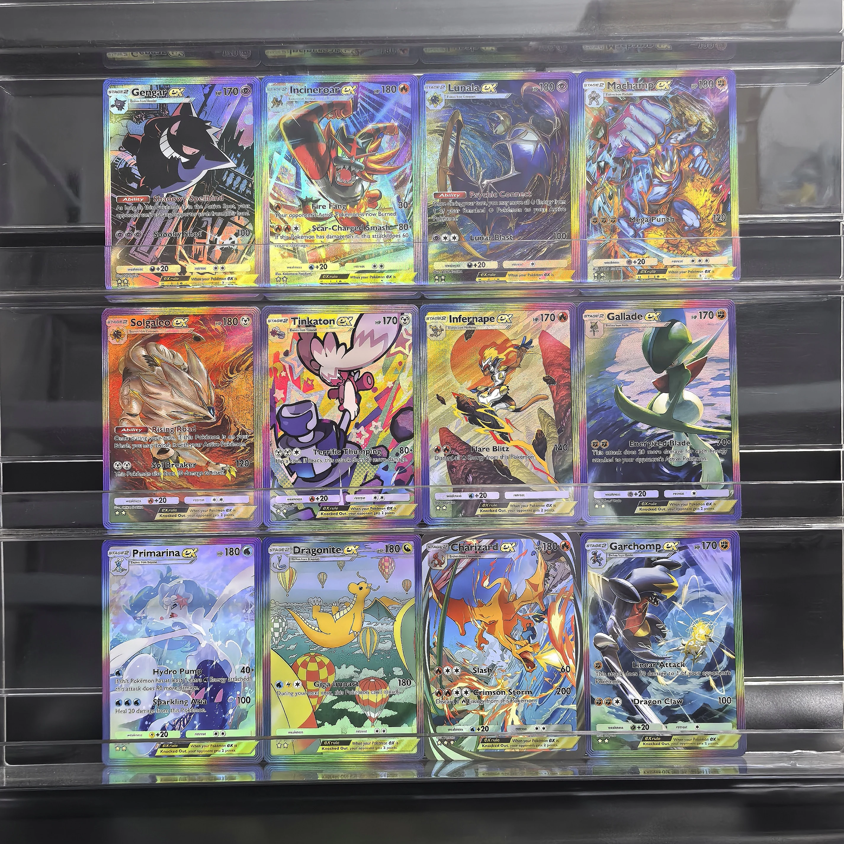 12Pcs 포켓몬 컬렉션 카드 포켓 스테이지2 Gengar Lunala Solgaleo EX Machamp Charizard 클래식 게임 애니메이션 카드 선물 완구