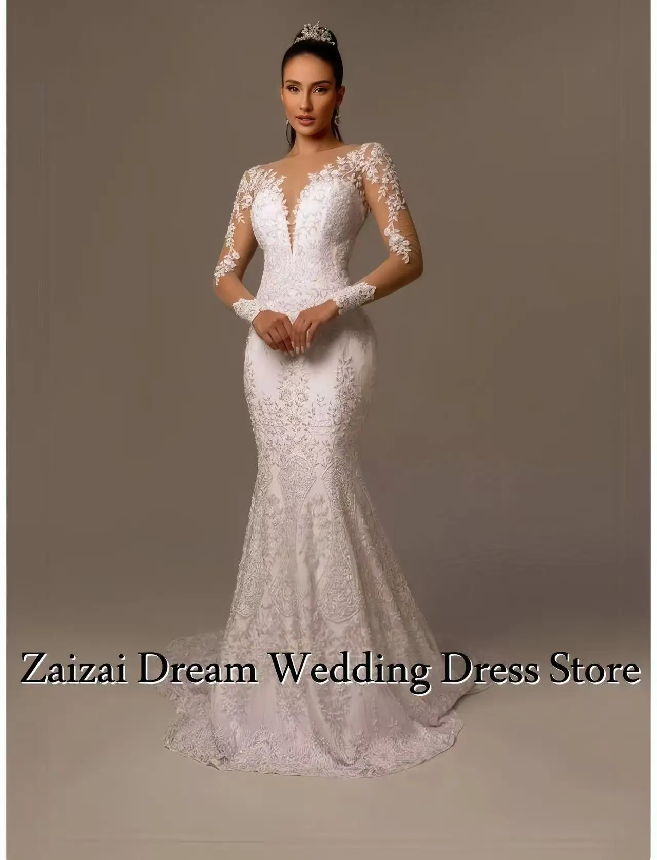 맞춤형 우아한 O넥 버튼업 백 롱 슬리브 비딩 아플리케 머메이드 웨딩 드레스 베스티도 데 노이바