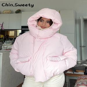 따뜻한 여성용 후드 코튼 패딩 코트 루즈핏 솔리드 스탠드 칼라 긴팔 지퍼 포켓 코트 2025 가을 겨울 여성 아우터