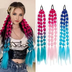 합성 1개 포니테일 연장 컬러풀 버블 브레이드 롱 랜턴 브레이드 헤어 타이 포함 옴브레 크레이지 헤어 데이 액세서리