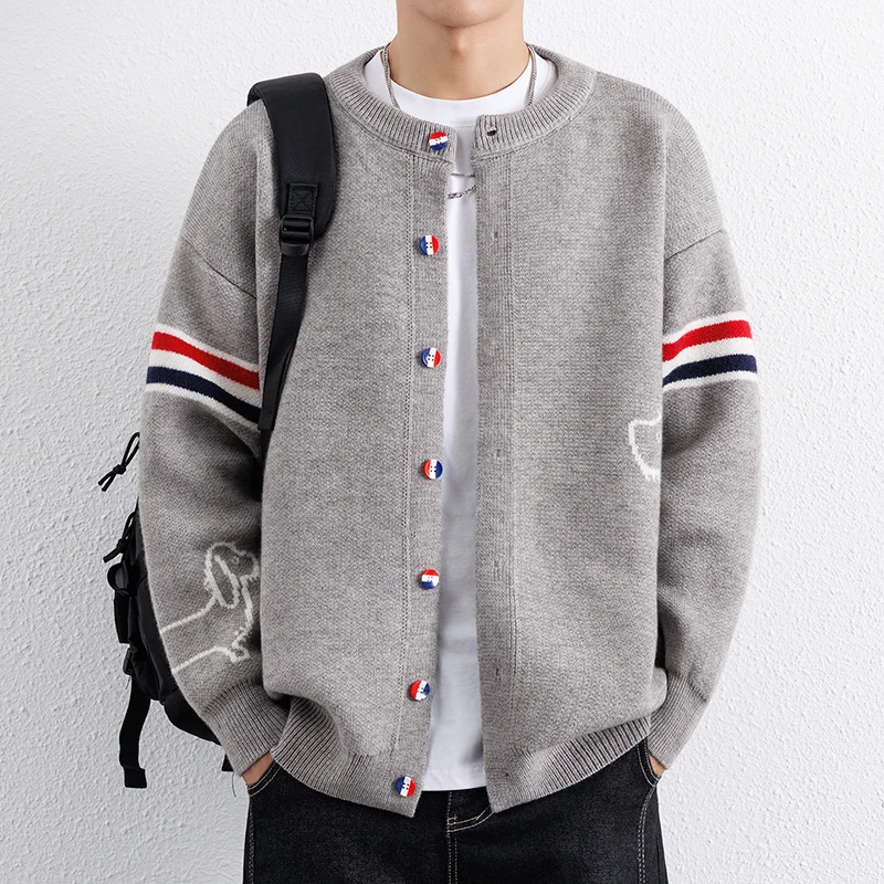 남성용 니트 가디건 자켓 가을 겨울 대학 스타일 와이드 파인 스탠드 칼라 스웨터 한국 스트라이프 캐주얼 스웨터