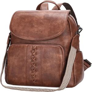 여성용 VASCHY 백팩 지갑, 기타 스트랩이 있는 여성용 패션 귀여운 비건 가죽 플랩 백팩 컨버터블 핸드백 브라운