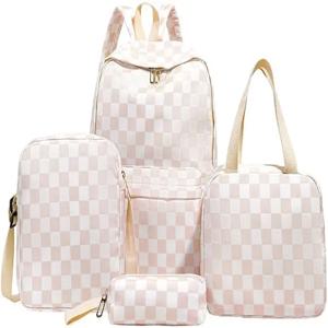 연필 케이스 및 소형 가방 체커보드 책가방이 포함된 체커 백팩 4개(베이지색)