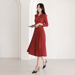 (~XXL까지) 루메니온 오픈카라 체인장식 하프플리츠 플레어 원피스 가을 하객룩 모임룩 격식룩 빅사이즈