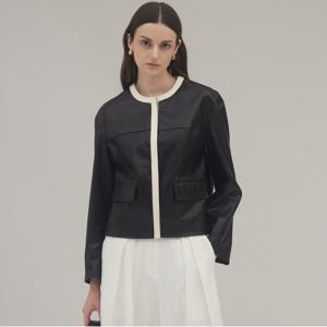 [신비][최초가189,000]심플 배색 페이크레더 자켓_KSJK240403