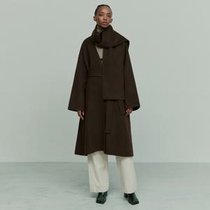 CASHMERE WOOL BLEND SCARF DETAILED COAT CHOCOLATE