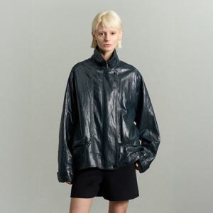 FUNNEL NECK VEGAN LEATHER JACKET MIDNIGHT NAVY