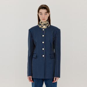 VASE Round Neck Long Jacket - Navy/Cream Stripe