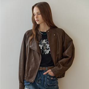플랩 디테일 페이크 레더 블루종 자켓