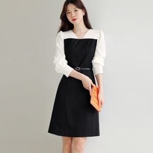 (~XXL까지) 로나시에 소매배색 벨트 A라인 원피스 가을 하객룩 오피스룩 모임룩 격식룩 빅사이즈