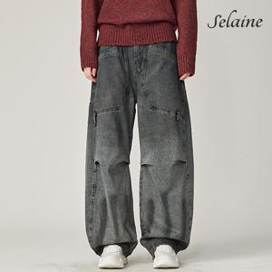 [셀렌] 마인 커브라인 와이드핏 절개 워싱 데님 팬츠