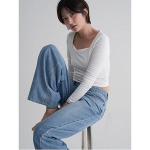 스퀘어넥 긴소매 티셔츠 - 화이트 (355841LY61)