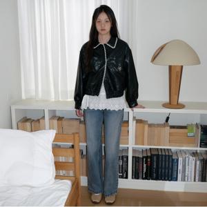 자수 포인트 블루종 레더 점퍼_T256MLT132W
