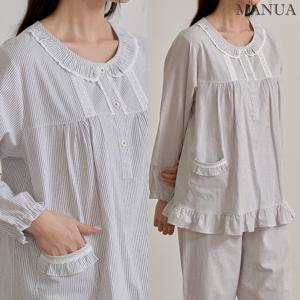 마누아 여성가을잠옷 프릴잠옷 레이스 긴팔 파자마 파티 면 스판 세트 국산