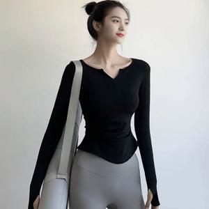 여성 5컬러 필라테스 헬스 요가 브이넥 긴팔티셔츠 스포티긴팔티 핑거홀요가복 브이트임요가복