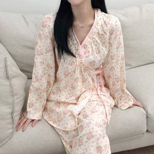 [브리치]  / 여성 순면 가을 긴팔 잠옷세트 플라워 랩 유카타 파자마 홈웨어