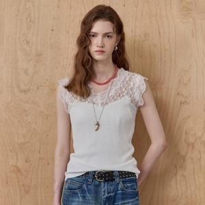 레이스 블록 캡소매 뷔스티에 슬리브리스 니트