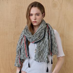 에스닉 패턴 배색 링클 코튼 태슬 롱 스카프