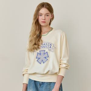 로고 자수 뒷트임 라운드넥 맨투맨 티셔츠