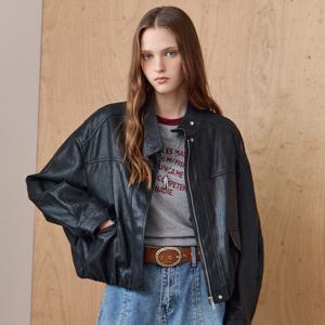 페이크 레더 체크 배색 하이넥 블루종 점퍼