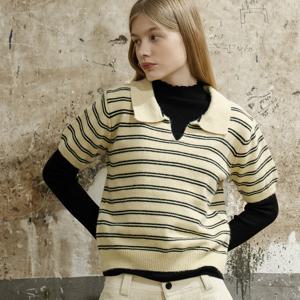 yoyoyoy여성[최초가 33000원] 스트라이프 카라 반팔 니트_AJ10WNKPO31