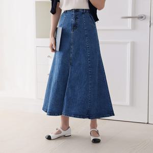여자 사계절 스판 히든밴딩 플레어 절개 데님 롱 스커트 간절기 봄 여름 가을 겨울 a라인 청치마