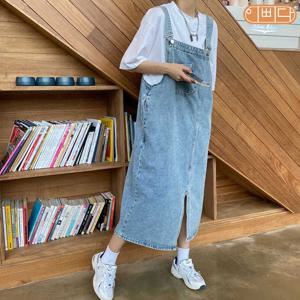 벨라도나 루즈핏 멜빵청치마 서스펜더 데님 롱원피스 IBBD23-ONEPCB