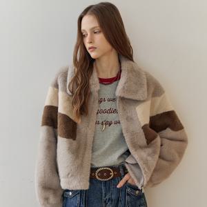 컬러 블록 페이크 퍼 집업 자켓