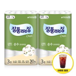 (10/1~3 커피쿠폰 증정) 잘풀리는집 순수프리미엄 천연펄프 3겹 화장지 30M 30롤 2팩