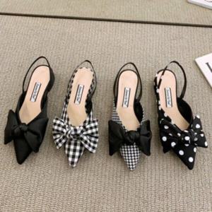 여성슬링백/체크 도트 무늬 리본 슬링백 플랫샌들 4컬러