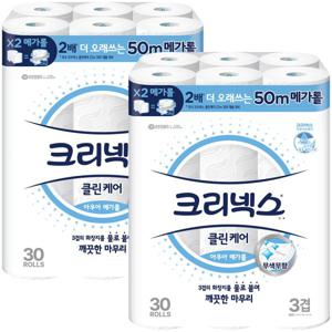크리넥스 클린케어 휴지 실속 팩 아쿠아 메가롤 3겹 화장지 50m 30개입 2개