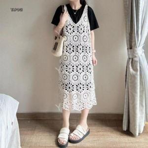 브이넥 민소매 나시 에스닉 보헤미안 손뜨개 니트 레이스 레이어드 원피스 휴양지 비치 바캉스 YAPOGI