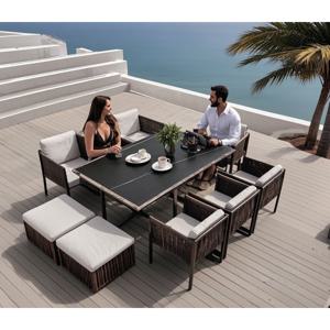 야외 테라스  팬션 인테리어 최대 10인 테이블세트 -하이백체어4개+강화유리사각테이블