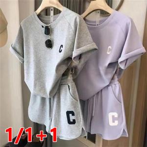 1/1+1여성 여름 세트 루즈 반팔 티셔츠 캐주얼 반바지 스포츠 프린트 레터 레저 투피스 세트