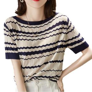 여름 상의 여반팔 루즈핏 펀칭 스트라이프 냉장고 니트 얇은 티셔츠