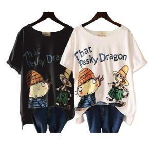 1+1 여성 캐릭터 반팔티 오버핏 반팔 티셔츠 라운드티 빅사이즈 롱티 여름