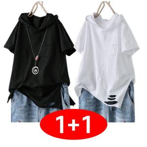 1+1 여성용 오버핏 후드 반팔티 린넨 빅사이즈 캐주얼 레터링 루즈핏 롱반팔 후드 티셔츠 데일리 룩 2장