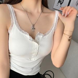 여성 레이스 골지 민소매 나시 버튼 슬리브리스 여름 이너 블라우스