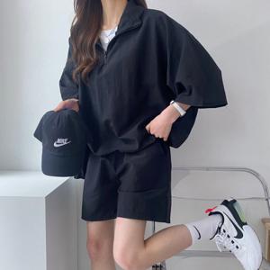 여성 하프집업 트레이닝세트 반팔티 반바지 루즈핏 카라넥 크링클 여름 티셔츠 밴딩 팬츠 운동복