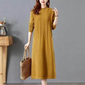 봄 가을 겨울 중년 고급 미디 무지 긴팔 스웨터원피스 롱 루즈핏 반폴라 두꺼운 꽈배기 니트원피스 여성