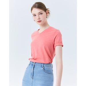 헤지스 여성 24SS 클리어런스핑크 멜란지 브이넥 반팔 티셔츠 HSTS4BC38P2