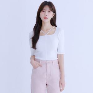 [로엠]스트랩 넥변형 반팔 스웨터 (2colors)_RMKAE26R17