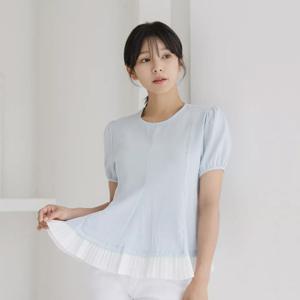 [바네사빈] 허리끈 밑단레이스 반팔 블라우스 티셔츠 v01138