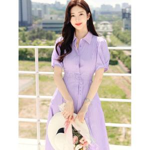 [시크라인]라일락 벌룬소매 스트라이프 셔츠 원피스
