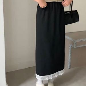 샵앤) 여성 허리밴딩 밑단레이스 H라인 뒤트임 롱스커트 21DS-WSK-4911-블랙