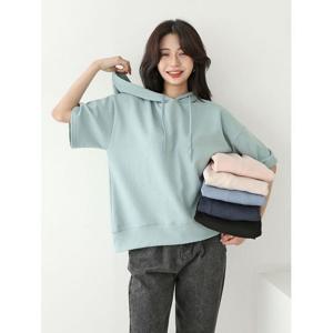 [샵앤]보보 국산 여성 5부 루즈핏 후드 반팔 맨투맨 면 티셔츠 AMI-WSH-3264-소라