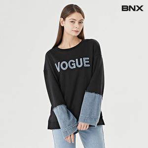 [비엔엑스]보그 자수 데님 슬리브 배색 긴팔 티셔츠 (BW1TS026L0)