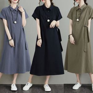 3컬러 카라 면 린넨 포켓 반팔 롱 원피스 MA8184