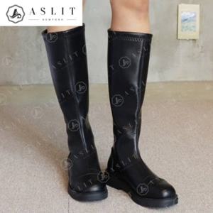 [애슬릿] 스트레이트 팁 통굽 스판 지퍼 롱 부츠 4cm