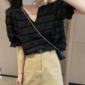 반팔블라우스 F007322_캉캉주름 V넥 퍼프소매 블라우스 티셔츠